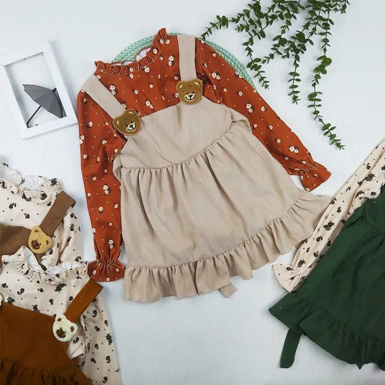 ست بلوز و سارافون دخترانه مخمل کبریتی طرح خرسی