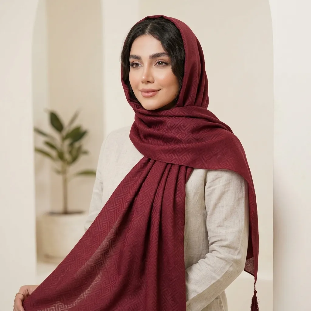 شال الیزه چاپی ورساچه مجلسی منگوله دار زرشکی