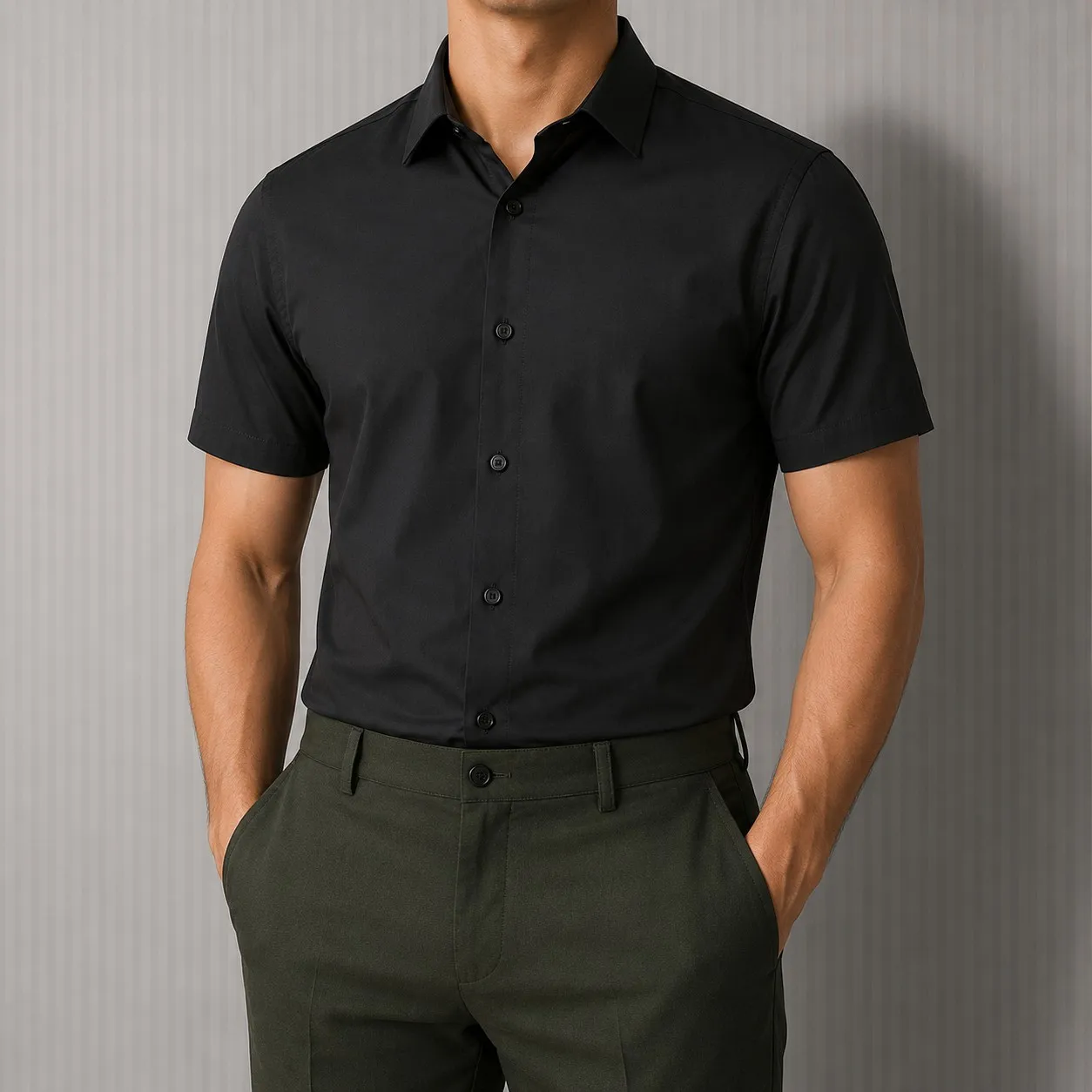 پیراهن آستین کوتاه مردانه مشکی نخی قواره آزاد تک جیب بنگال کشی