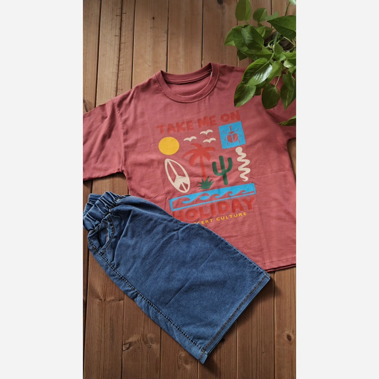 ست تیشرت پنبهای و شلوارک لی پسرانه طرح هاوایی