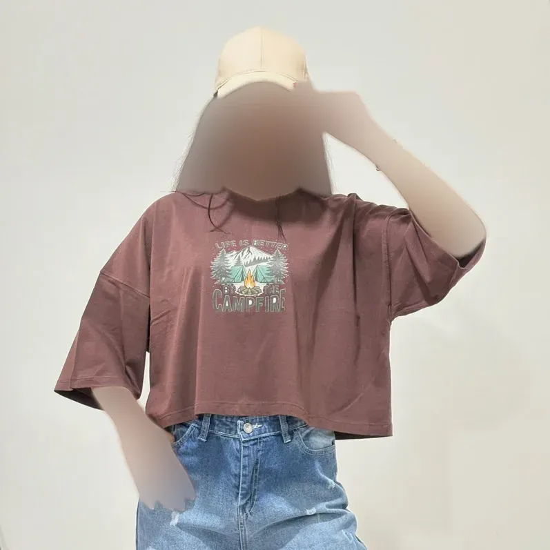 تیشرت کراپ باکسی طرح دار نخ پنبه زنانه کد 1440