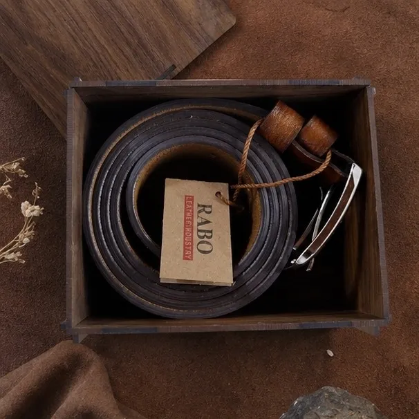 کمربند چرم مردانه رابو پهنای 35 میلیمتر با جعبه هدیه چوبی