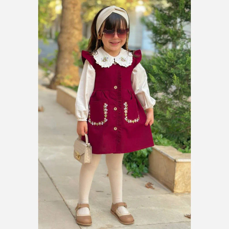 ست شومیز و سارافون دخترانه جنس لینن کتان رنگ زرشکی سایز 3 تا 9 سال