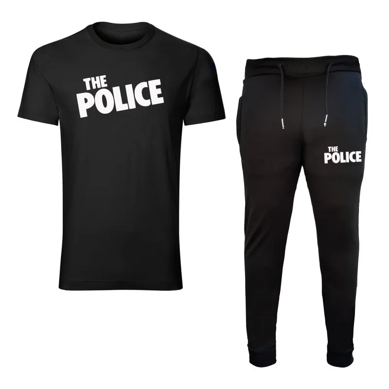 ست تیشرت آستین کوتاه یقه گرد و شلوار مردانه طرح polis مدل e4656 مشکی جنس نخ کمر کش دم پا کش