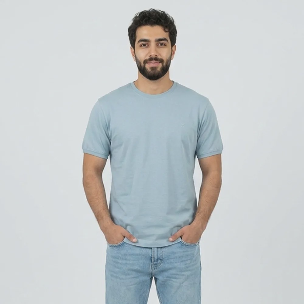 تیشرت بیسیک مردانه پنبه خالص یقه گرد آبی کد 11856