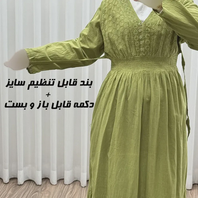 پیراهن ساحلی زنانه آستین بلند نخی تافته فری سایز مدل سلن دکمه دار آستردار