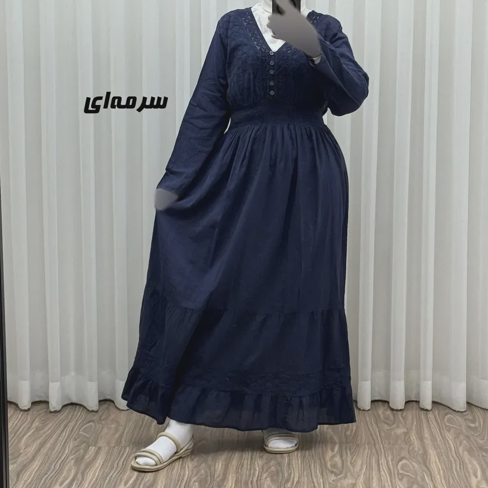 پیراهن ساحلی زنانه آستین بلند نخی تافته فری سایز مدل سلن دکمه دار آستردار