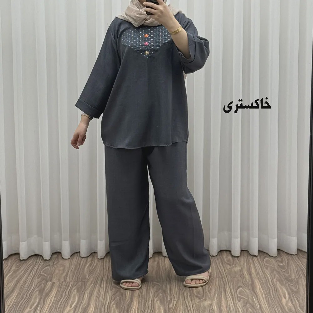 ست بلوز شلوار گلدوزی آلنا فری سایز تا 50 جنس صوفیا چهارفصل شیک راحت بدون آبرفت و رنگ رفت