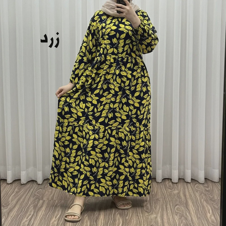 پیراهن نخی گلدار برگ فری سایز تا 46 سوپر نخ خارجی چهارفصل زنانه شیک راحت سایه نمیندازد کمربند دارد