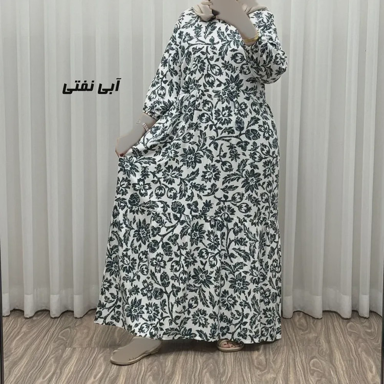 پیراهن نخی زنانه و دخترانه مدل گل یخی فری سایز مناسب تا سایز 50 با کمربند