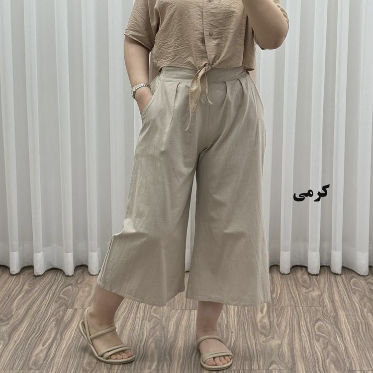 شلوار واید لنین نچرال فری سایز تا 50 تنخور شیک و راحت چهارفصل زنانه مناسب باردار و سایز درشت