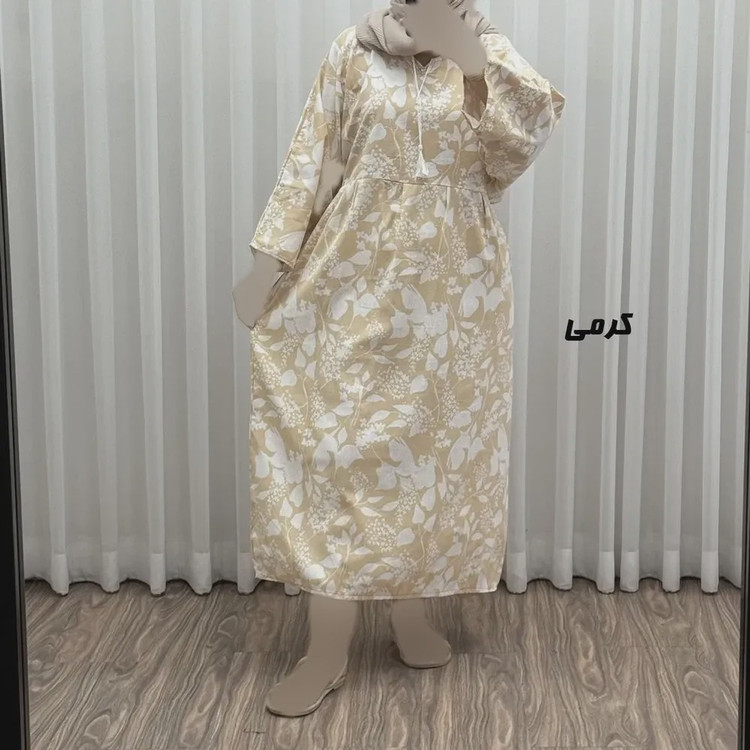 پیراهن ساحلی زنانه لینن طرحدار فری سایز مناسب تا سایز 50 با کمربند