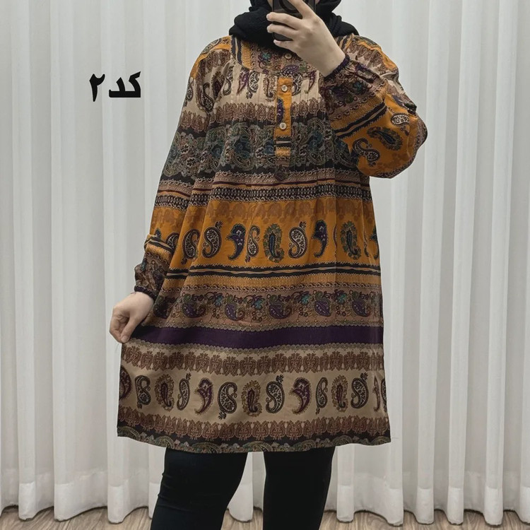 تونیک سایزبزرگ وارداتی مدل ترمه افقی کد 1617 جنس نخی چهارفصل زنانه سایز 6 تا 8