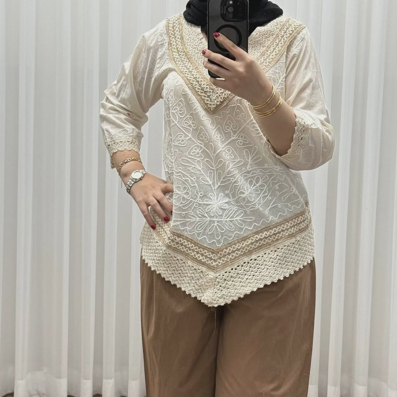 بلوز کرم دو رنگ نخی چهار فصل زنانه دخترانه سایز M L XL XXL تن خور شیک و راحت