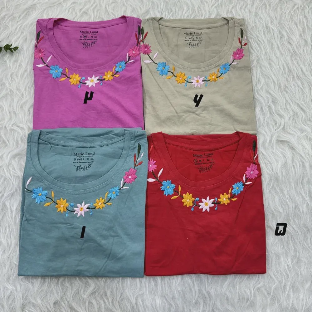 تیشرت نخ پنبه گلدوزی سایز S، M، L، XL و XXL مناسب خانمها و دختران