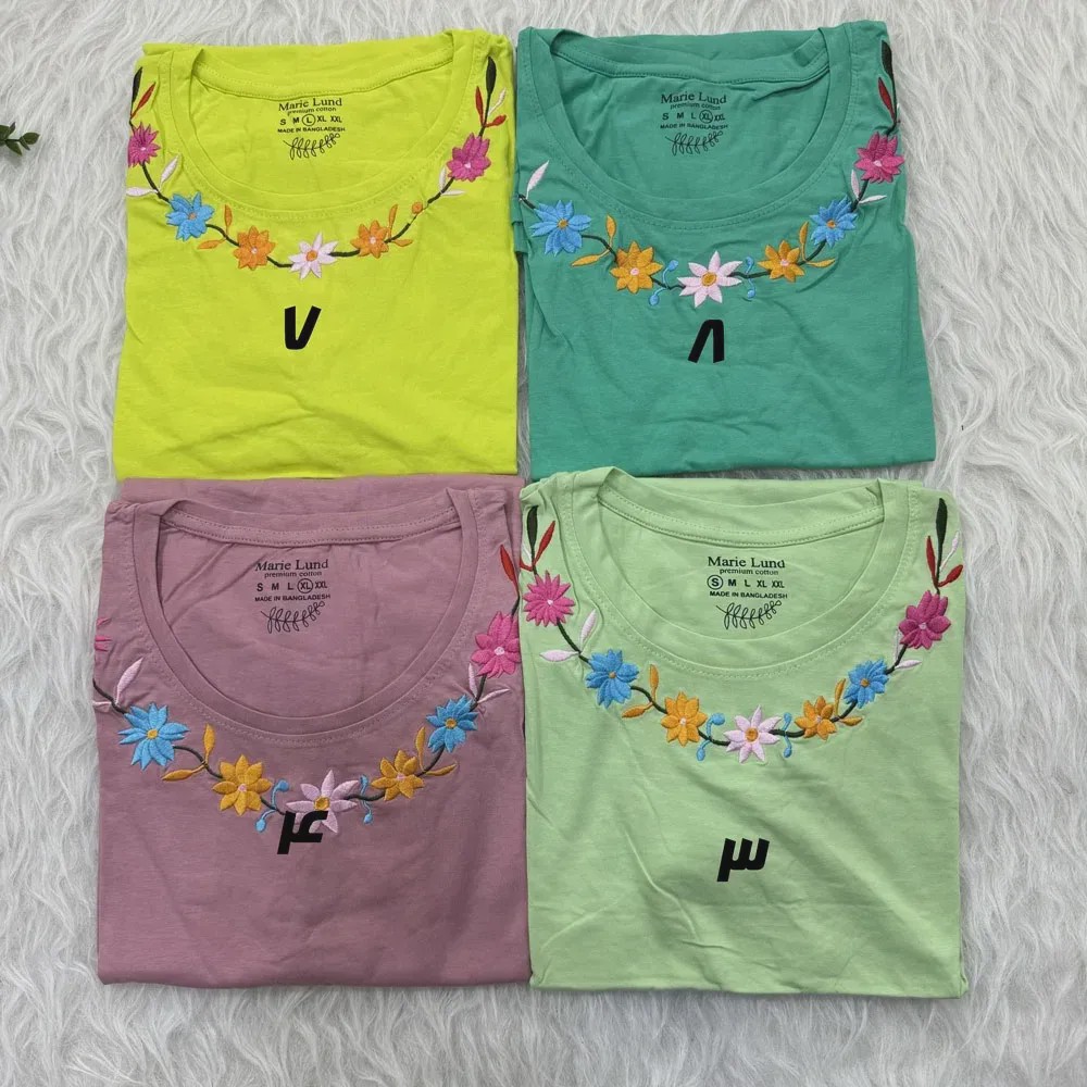 تیشرت نخ پنبه گلدوزی سایز S، M، L، XL و XXL مناسب خانمها و دختران