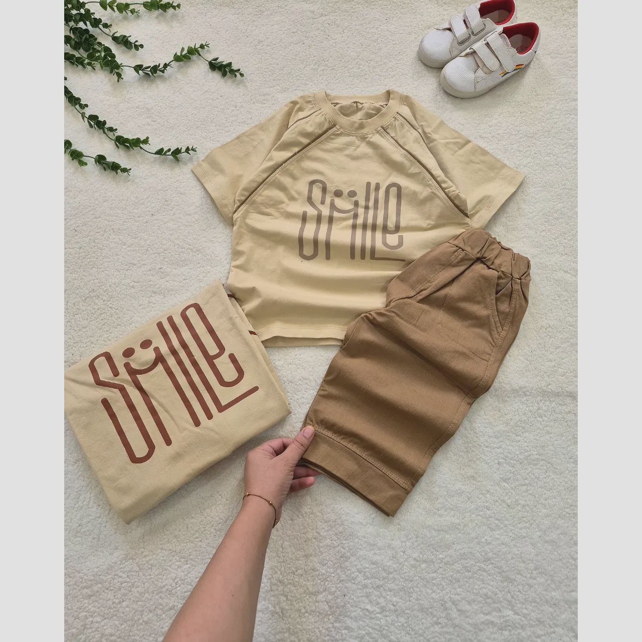 ست تیشرت و شلوارک بچگانه طرح SMILE جنس پنبه تیپ لاکرا سایز 50 تا 60