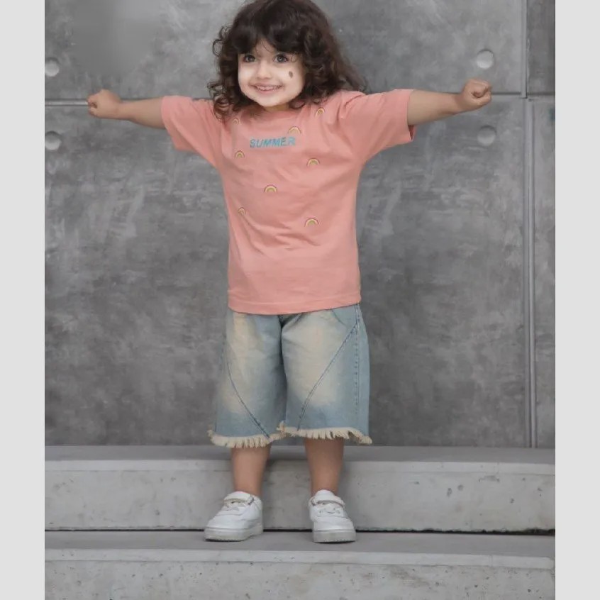تیشرت و شلوارک جین کاغذی دخترانه طرح گیلاس سایز 35 و 40