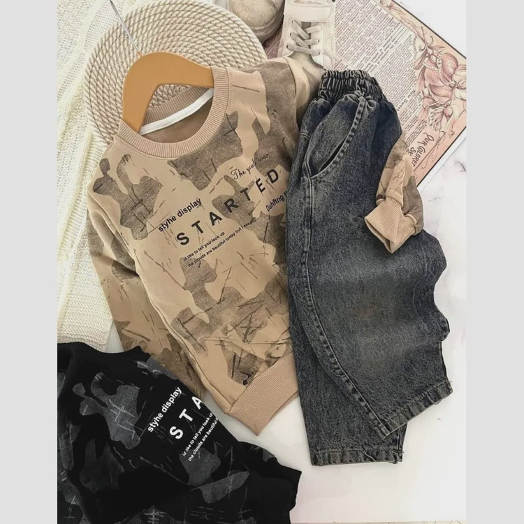 ست بلوز شلوار پسرانه بیرونی پنبه لاکرا رنگ نسکافه ای زغالی سایز 35 و 40