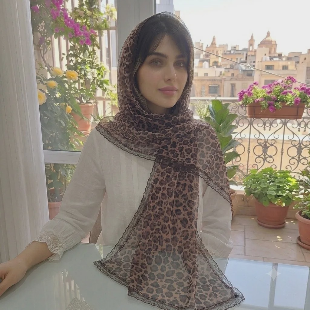 شال پلنگی قهوه ای توری نرم و لطیف حاشیه گیپور دوزی ابعاد 180 در 52 سانتی متر مناسب بهار و تابستان