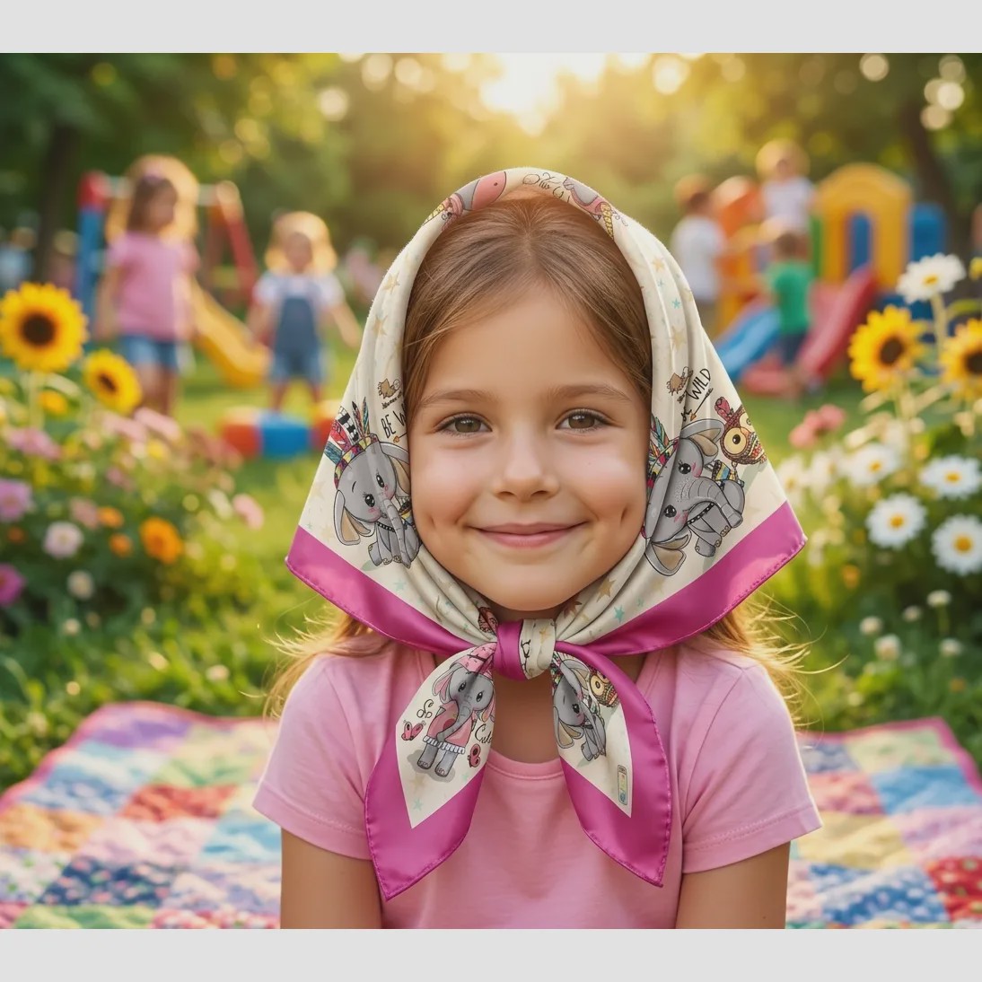روسری بچگانه نخی طرحدار قواره 70 رنگ طوسی