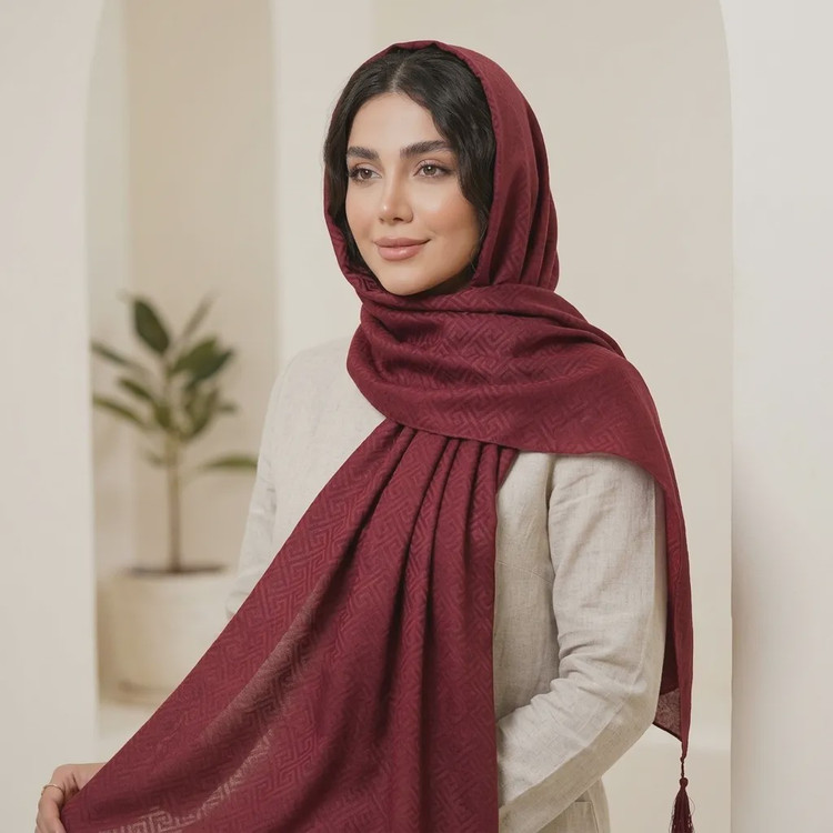 شال الیزه چاپی ورساچه مجلسی منگوله دار زرشکی