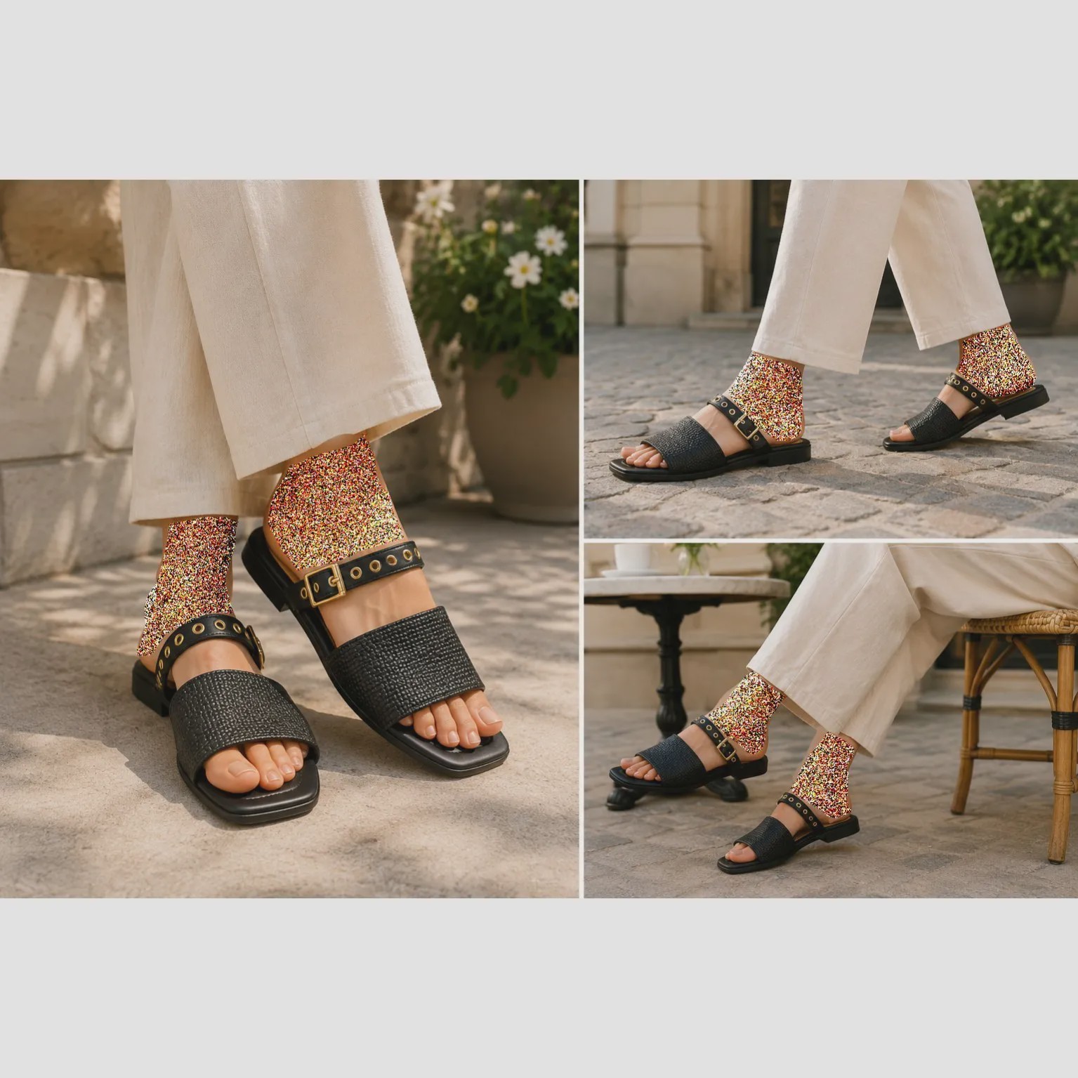 صندل زنانه مشکی طرح حصیری بند دار تابستانی روزمره