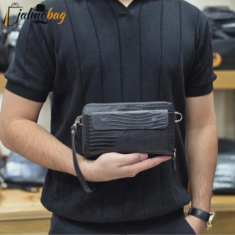 کیف دستی و دوشی چرم طبیعی ظفر دارای بند مچی و بند بلند قابل تنظیم