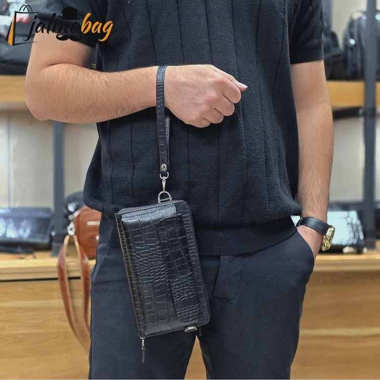 کیف دستی و دوشی چرم طبیعی ظفر دارای بند مچی و بند بلند قابل تنظیم