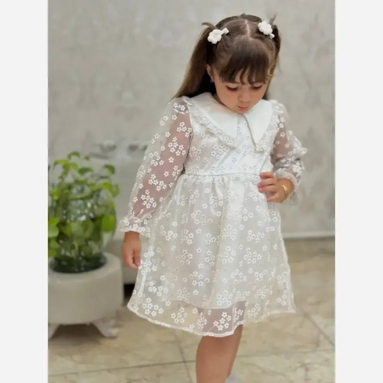پیراهن مجلسی بچگانه تور گل گچی آستردار سایز 2 تا 9 سال