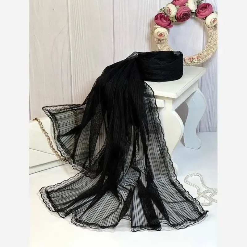 شال مشکی تور دیپلمات حاشیه گیپور زنانه سایز 180 در 52 سانتیمتر