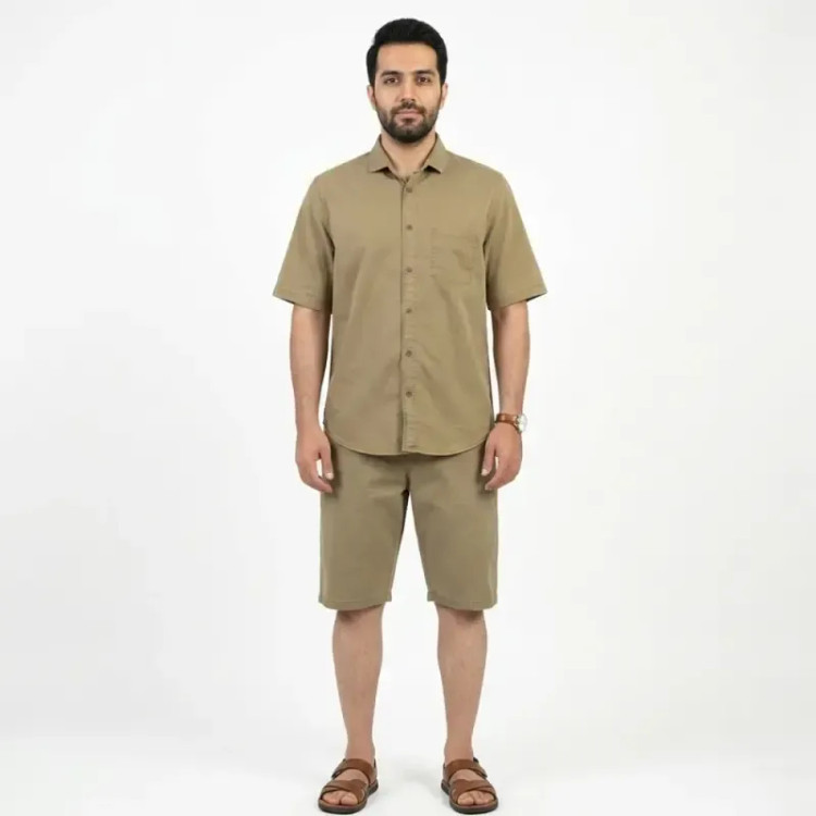 ست پیراهن و شلوارک مردانه کتان نسکافه ای