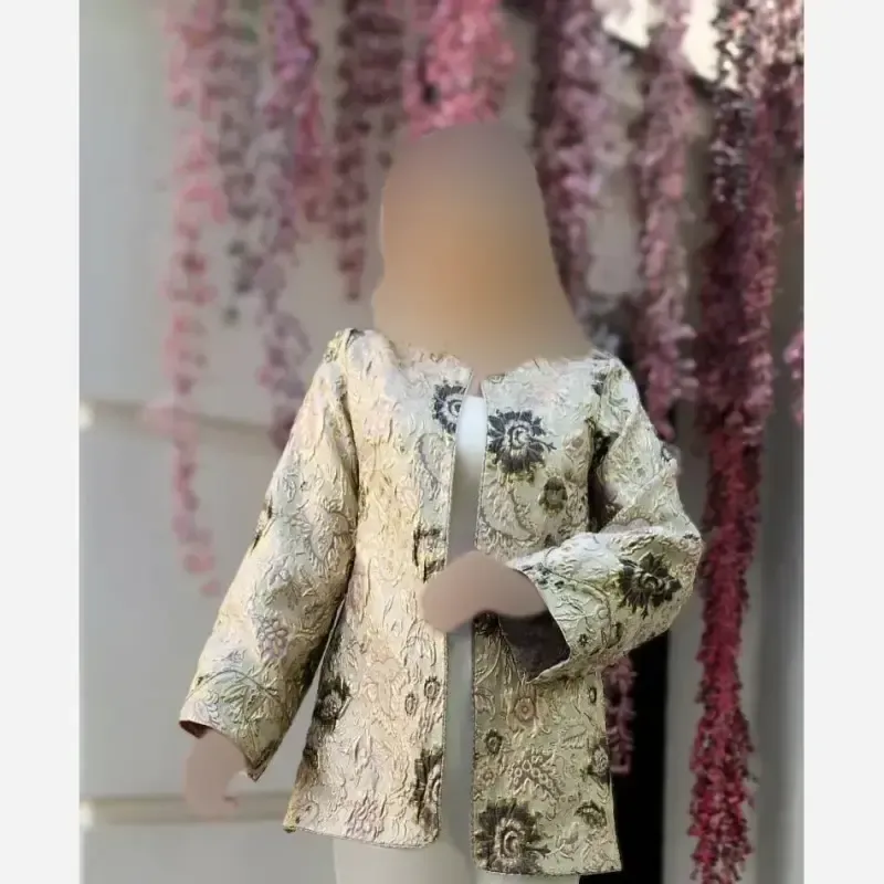 کت مجلسی زنانه مدل الیکا ژاکارد ترک طرح برجسته کرم طلایی
