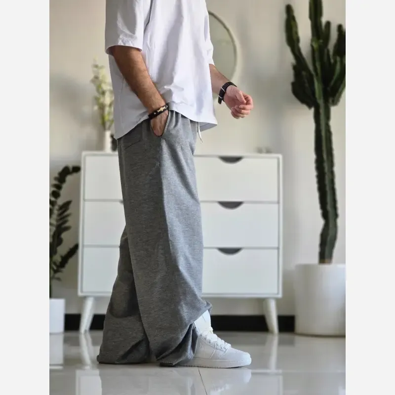 شلوار اسلش فول بگ پارچه ملانژ خنک رنگ طوسی و مشکی سایز بزرگ XXL و XXXL
