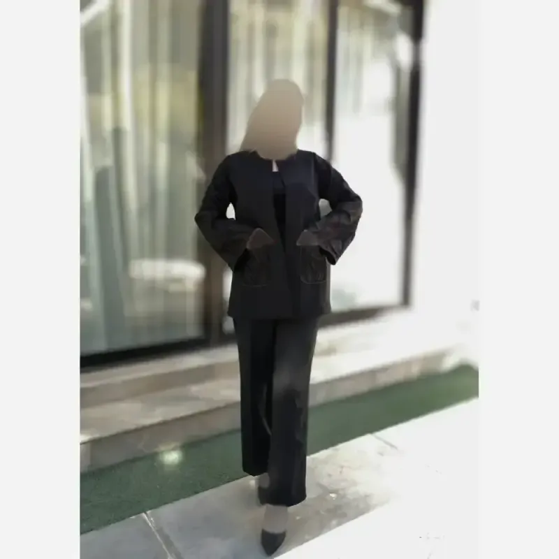 کت و شلوار زنانه طرح لاله جنس مازراتی و آستین فکورا رنگ مشکی