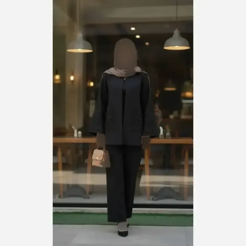 کت و شلوار زنانه طرح لاله جنس مازراتی و آستین فکورا رنگ مشکی