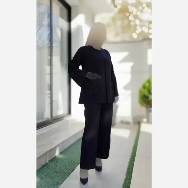 کت و شلوار زنانه طرح لاله جنس مازراتی و آستین فکورا رنگ مشکی