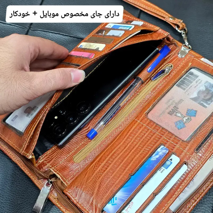 کیف دسته چک چرم طبیعی گاوی مردانه با جای کارت و موبایل