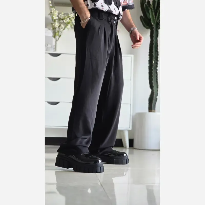 شلوار بگ پارچه ای زنانه مدل پیله دار جنس کاترین رنگ مشکی سایز L تا 3XL