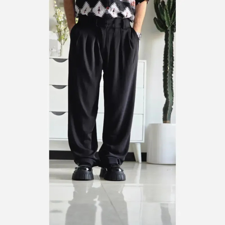 شلوار بگ پارچه ای زنانه مدل پیله دار جنس کاترین رنگ مشکی سایز L تا 3XL