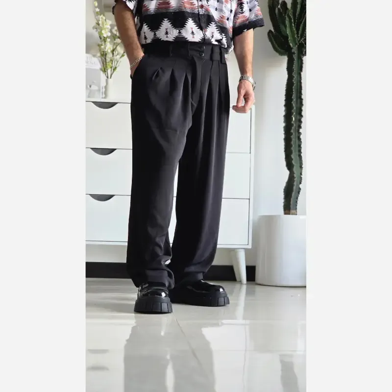 شلوار بگ پارچه ای زنانه مدل پیله دار جنس کاترین رنگ مشکی سایز L تا 3XL