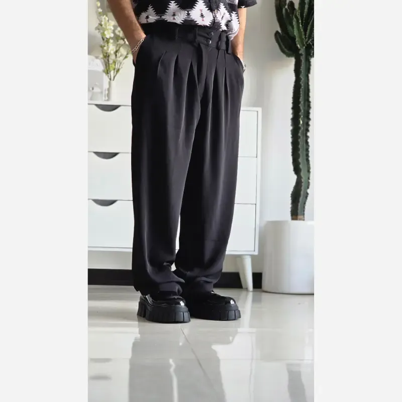 شلوار بگ پارچه ای زنانه مدل پیله دار جنس کاترین رنگ مشکی سایز L تا 3XL