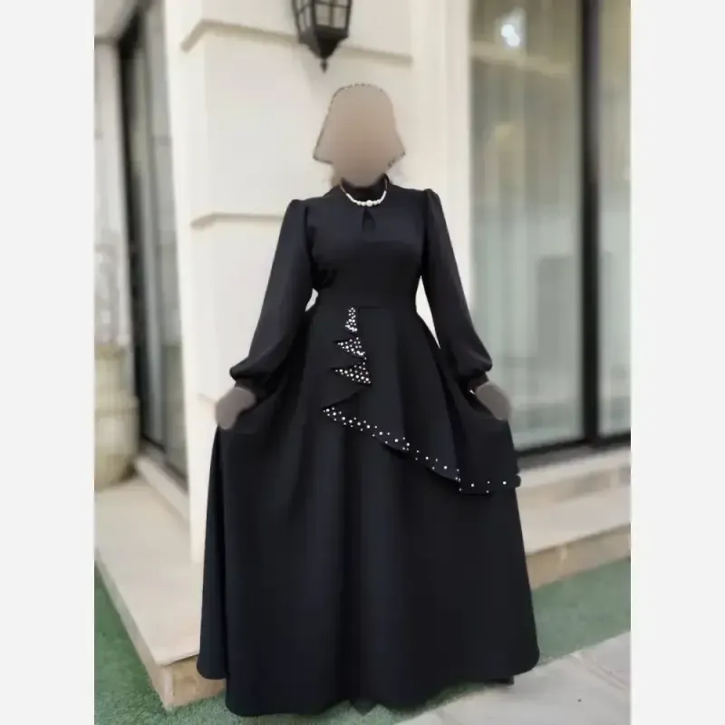 پیراهن مجلسی زنانه کرپ مازراتی مدل ستاره به همراه تل اسکارف و سنجاق یقه