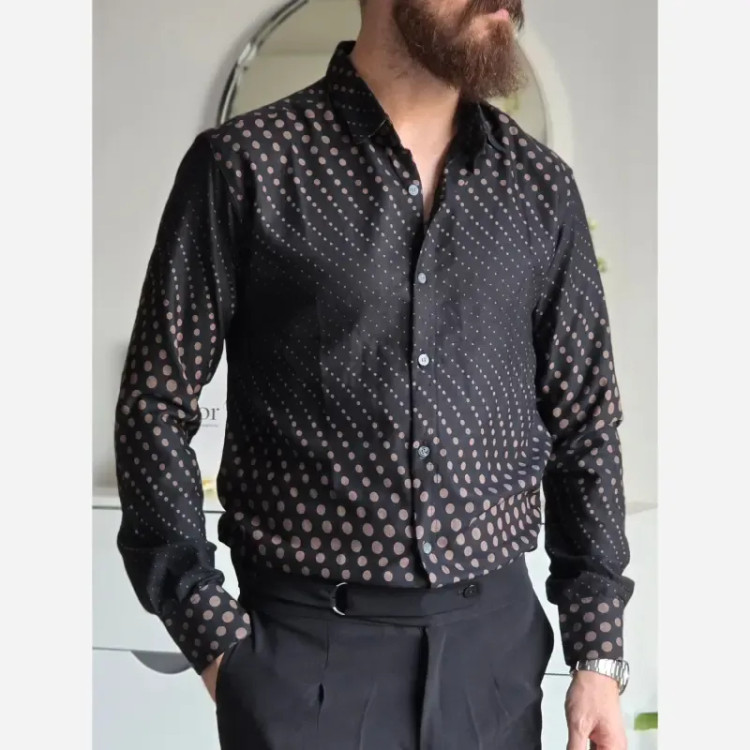 پیراهن مشکی مردانه آستین بلند طرح دار پارچه سارینا سایز M تا XXL