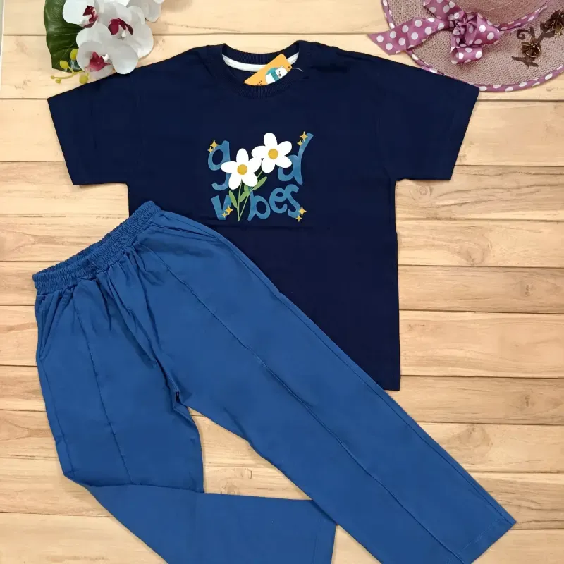 ست تیشرت و شلوار نخ پنبه لش مدل Flower سایز 55 تا 65