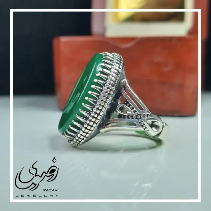 انگشتر مردانه آلیاژ نقره روس سنگ عقیق سبز حکاکی خدا