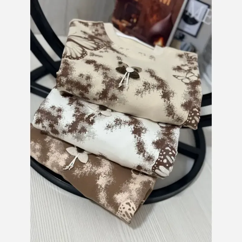 ست بلوز شلوار دخترانه دورس طرح پروانه سایز 45 تا 65 رنگ سفید کرم شکلاتی