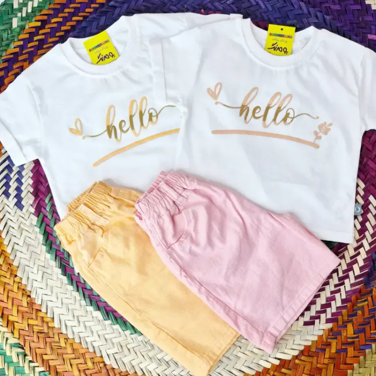 تیشرت و شلوارک کتان دخترانه طرح hello