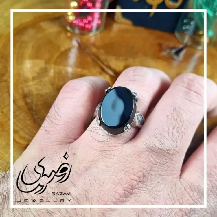 انگشتر مردانه آلیاژ نقره روس با سنگ عقیق مشکی