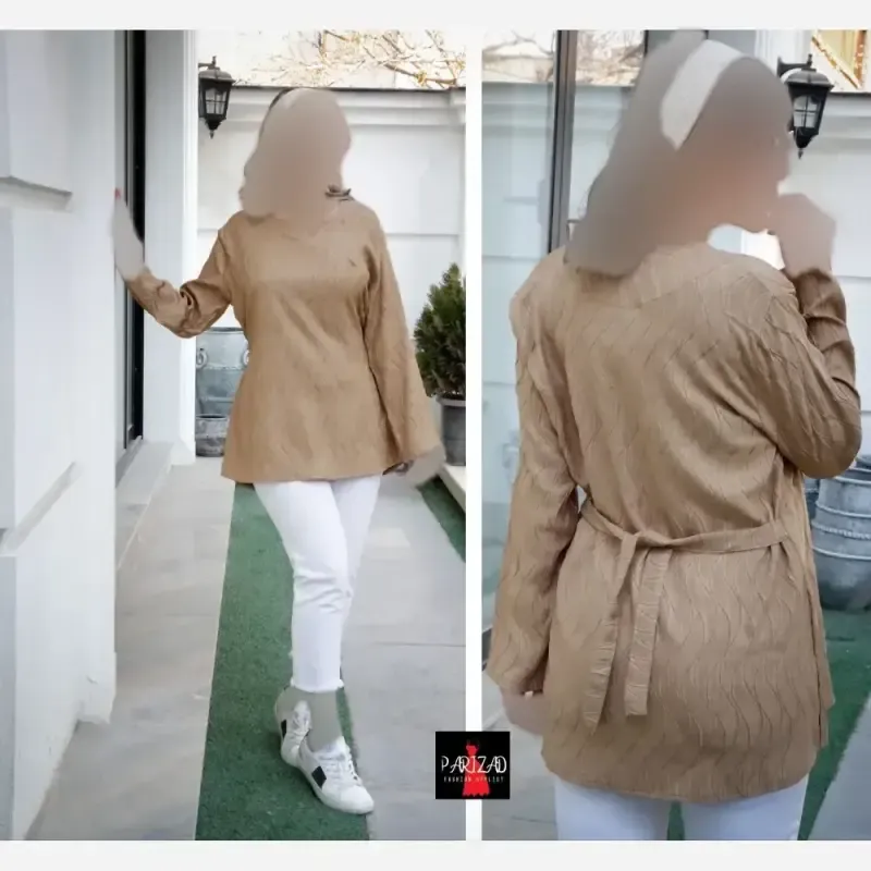 تونیک بهاره نخی طرح موجی کمربندی جین 3 عددی مناسب سایز 40 تا 46